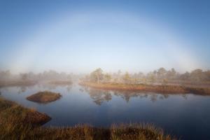 Поход на болотоступах по болоту Лаукасоо в Тартумаа, радуга в дымке над болотным озером