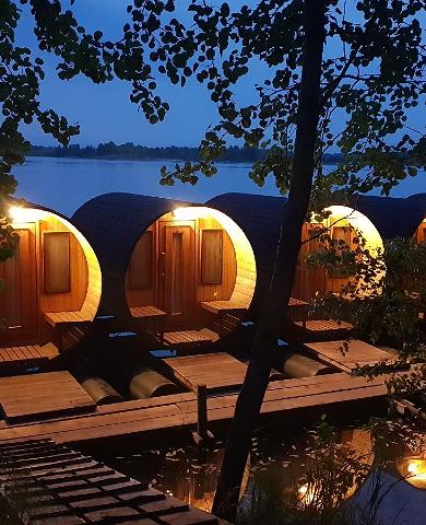 Barrel camping pods on water in Paekalda Holiday Centre
