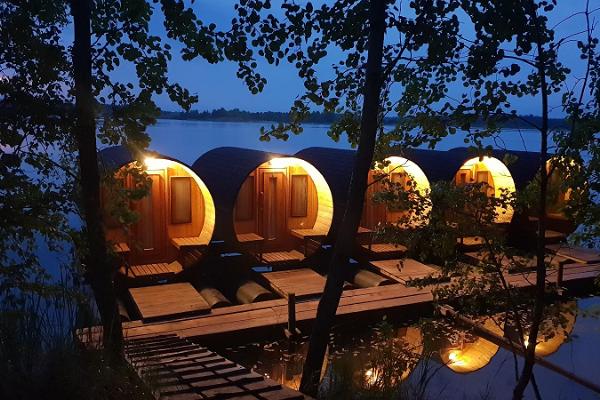 Barrel camping pods on water in Paekalda Holiday Centre