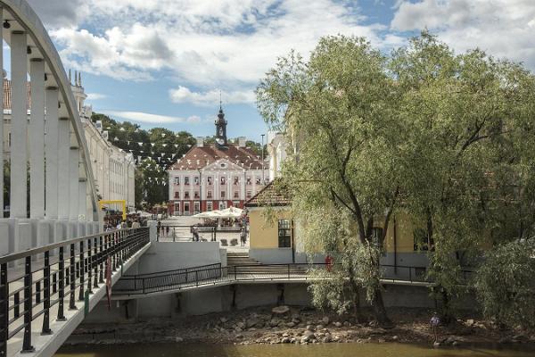 Arch Bridge and Town Hall Square on a bright summer day