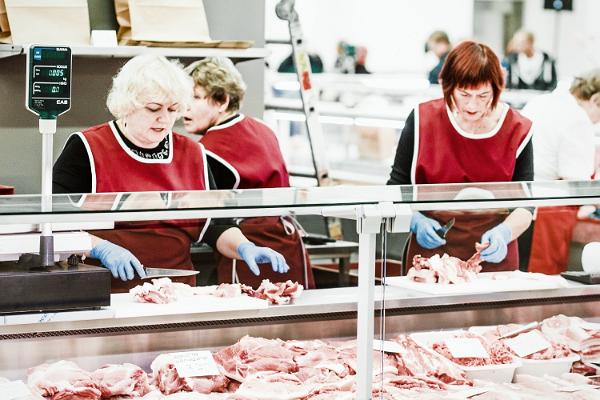 Tartu market hall, meat counter with a rich selection