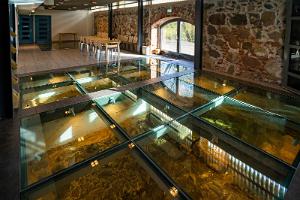 Emajõe-Suursoo keskuse saali klaaspõranda all arheoloogiline väljapanek