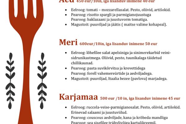 Kolmen ruokalajin yhdessä valmistettavan ruokalistan valikoimat aikuisille