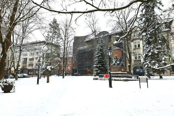 Barclay de Tollyn monumentti lumisena talvena