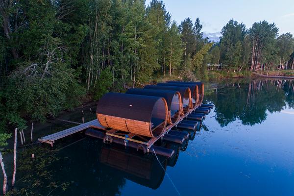 Barrel camping pods on water in Paekalda Holiday Centre