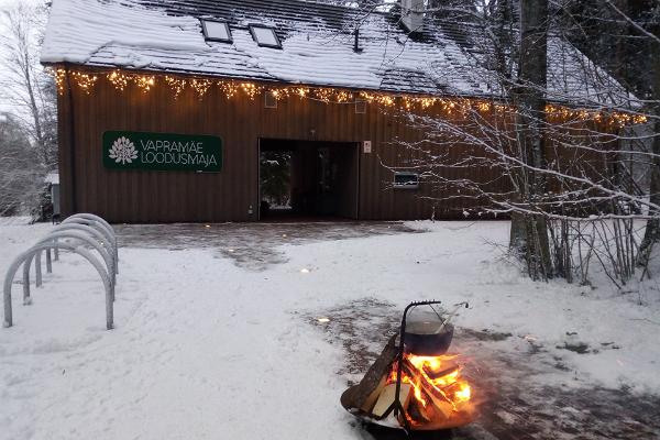 Naturhaus Vapramäe, Winter, Schnee, Lagerfeuer und Weihnachtslichter