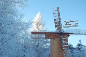 Estlands Jordbruksmuseums väderkvarn mitt i snöiga träd