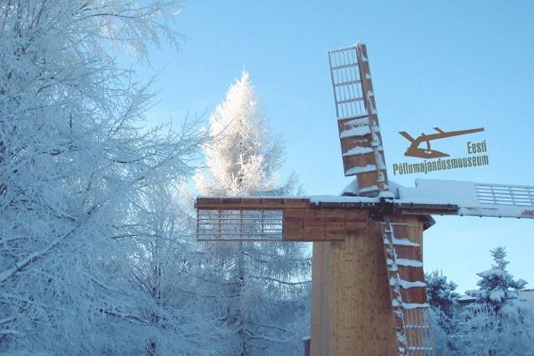 Estlands Jordbruksmuseums väderkvarn bland snöiga träd