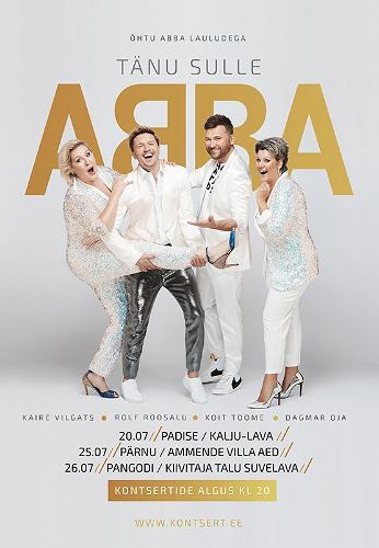 ABBA laulude kontserdi plakat, mille peal Koit Toome, Rolf Roosalu, Dagmar Oja, Kaire Vilgats