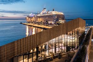 Evening view to the sea and Tallinn Cruise Ship Terminal, Old City Harbour Rooftop Promenade