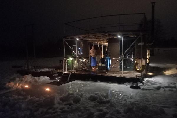Raft Sauna on Lake Saadjärv in a winter night