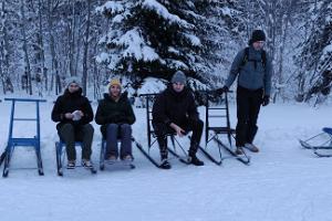 A discovery trip to the winter forest and bogs, with snowshoes or kicksleds.