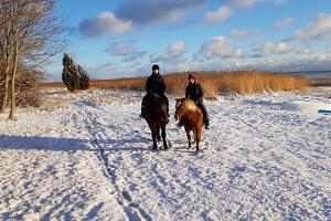 Riders on the snowy shores of a sea
