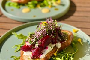 Sourdough bread, beet and goat cheese salad, local food