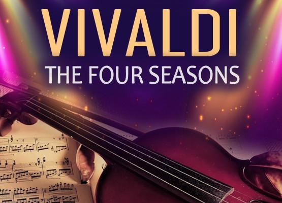 Pildil kontserdi "Vivaldi Aastaajad " plakat, millel on kujutatud viiulit, noodilehte ja roosiõit