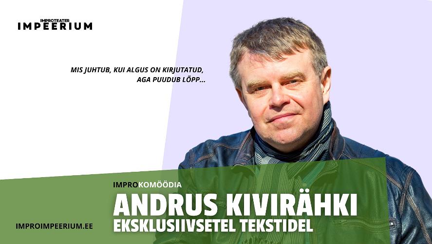 Pildil Improteatri etenduse plakat, mille peal on kirjanik Andrus Kivirähk