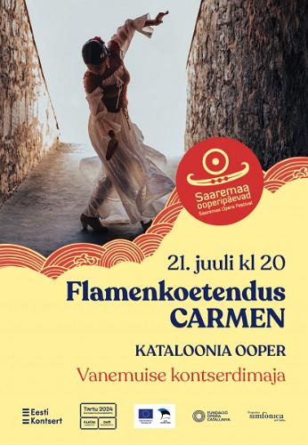 Pildil Kataloonia ooperi flamenkoetenduse "Carmen" plakat, millel on kujutatud tantsivat naisterahvast
